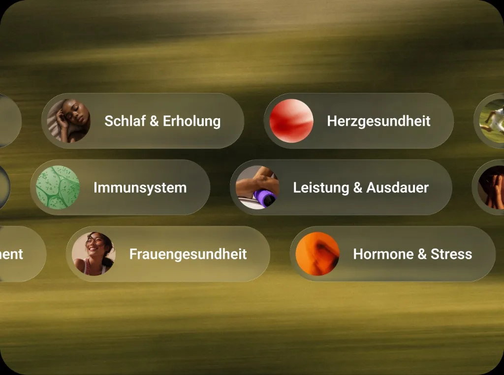 Buttons labeled in German for health topics like sleep, heart health, immunity, endurance, women's health, and stress.